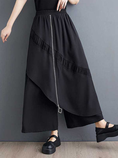 High Waisted Loose Elasticity Pleated Pockets Split-Joint Zipper Culotte Pants