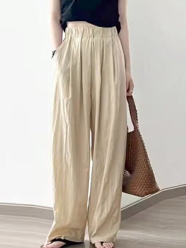 High Waisted Loose Elasticity Pleated Pockets Solid Color Pants Trousers