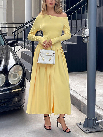 High Waisted Long Sleeves Pleated Solid Color Split-Front One-Shoulder Maxi Dresses