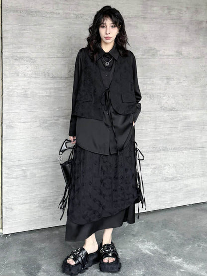 Solid Color Split-Joint Asymmetric Drawstring Flower Print   False Two Lapel Buttoned Pockets Blouses&Shirts Tops + Elasticated Waist Double Layered Skirts Bottoms Two Pieces Set