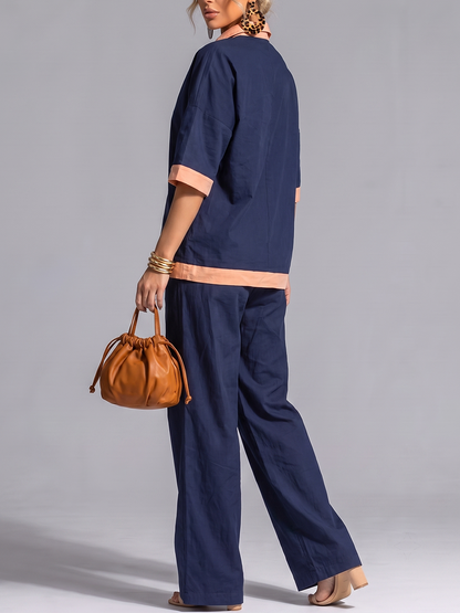 Half Sleeves Contrast Color Zipper V-neck Blouses&shirts Tops + High Waisted Pants Trousers Two Pieces Set