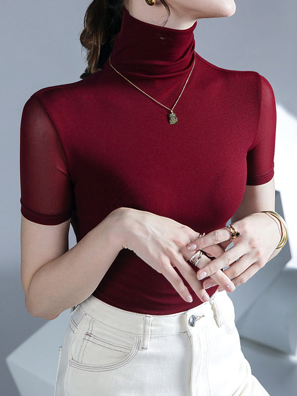 Half Sleeves Skinny Solid Color High Neck T-Shirts Tops