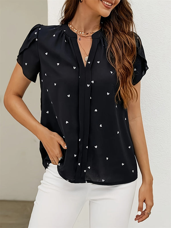 Loose Short Sleeves Pleated Polka-Dot V-Neck Blouses&Shirts Tops