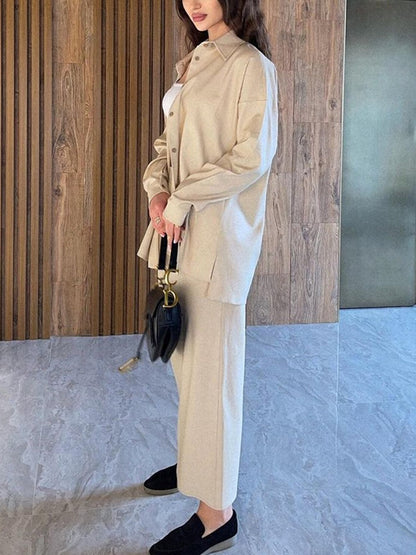 Solid Color High-Low Long Sleeves Buttoned Split-Side Lapel Shirts Top   Skirts Bottom Two Pieces Set