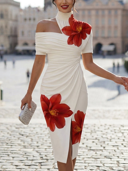 Bodycon Short Sleeves Flower Print Pleated Split-Front High Neck Midi Dresses