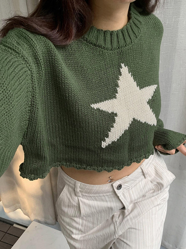 Long Sleeves Loose Contrast Color Split-Joint Round-Neck Sweater Tops