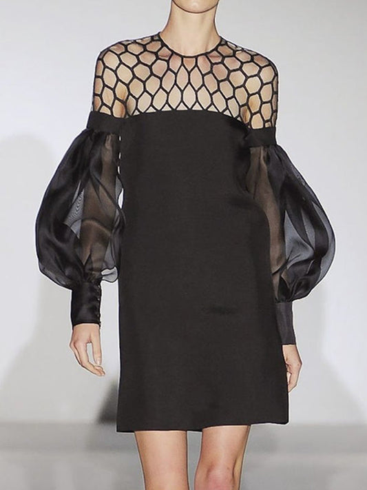 Long Sleeves Loose Hollow Solid Color Split-Joint Round-Neck Mini Dresses