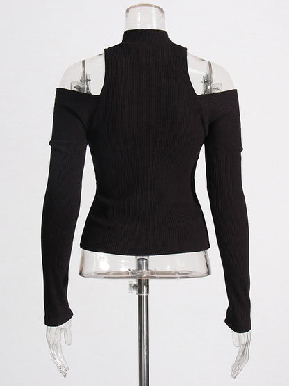 Long Sleeves Skinny Hollow Split-Joint Zipper High-Neck Pullovers Sweater Tops