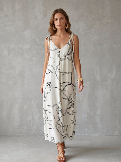 A-Line Loose Backless Contrast Color Drawstring Printed Spaghetti-Neck Midi Dresses