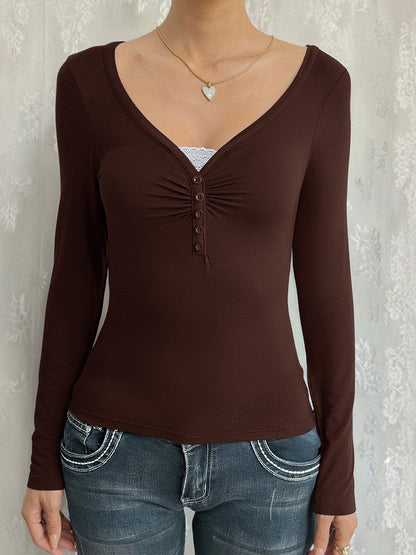 False Two Long Sleeves Buttoned Pleated Solid Color Split-Joint V-Neck T-Shirts Tops