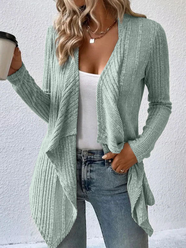 Long Sleeves Loose Solid Color Collarless Cardigan Tops