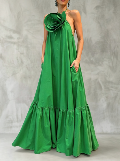 Three-Dimensional Flower Solid Color Pockets Pleated Backless Sleeveless Loose Halter-Neck Maxi Dresses