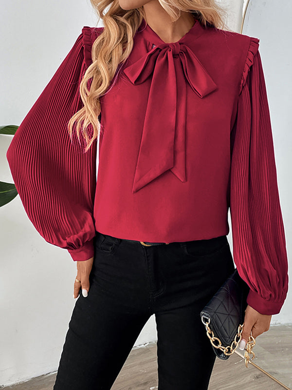 Long Sleeves Loose Pleated Ruffle Trim Solid Color Split-Joint Tied V-Neck Blouses&Shirts Tops