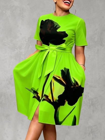 High Waisted Short Sleeves Contrast Color Flower Print Pockets Split-Front Tied Waist Zipper Round-Neck Midi Dresses