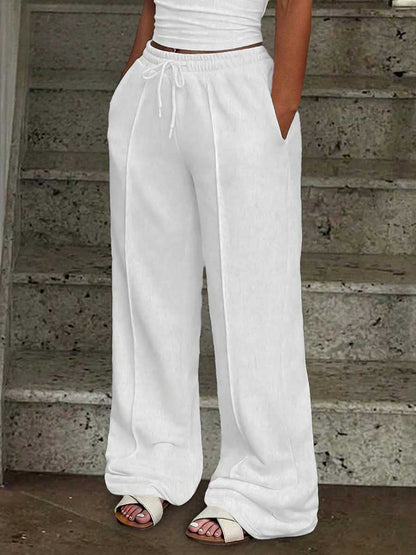 Solid Color Pockets Elasticity Drawstring Wide Leg Loose Trousers Pants
