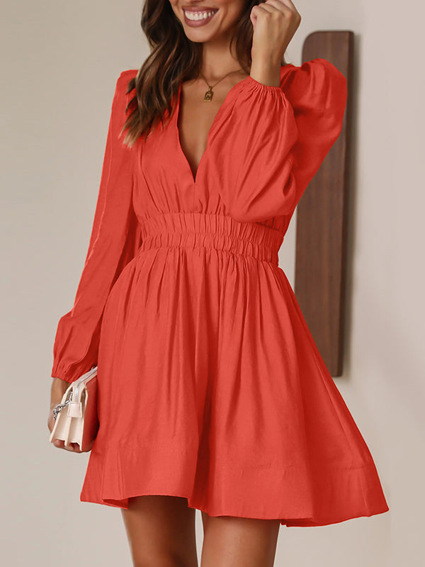 High Waisted Long Sleeves Elasticity Pleated Solid Color Deep V-Neck Mini Dresses