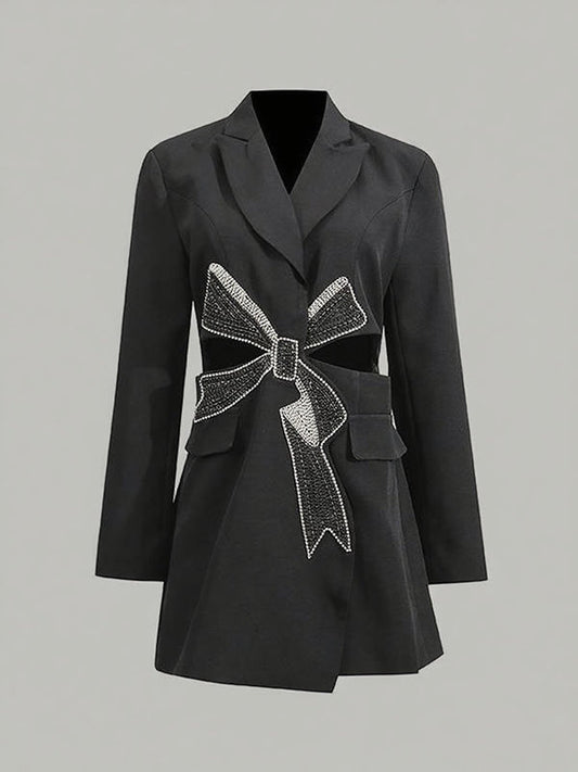 Long Sleeves Hollow Rhine Stones Notched Collar Blazer Outerwear