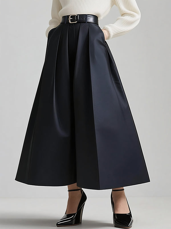 Loose Wide Leg No Belt Pleated Pockets Solid Color Flared Trousers Pants