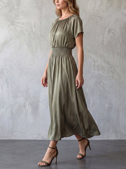 Batwing Sleeves High Waisted Elasticity Solid Color Round-Neck Maxi Dresses
