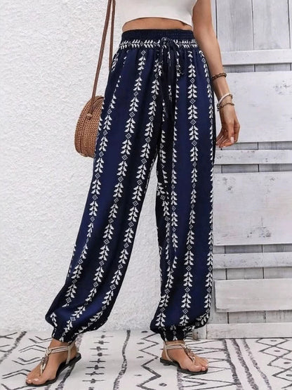 High Waisted Drawstring Pockets Printed Tied Pants Trousers