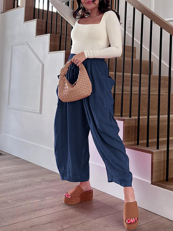 High Waisted Loose Drawstring Elasticity Pleated Pockets Solid Color Ninth Pants Trousers