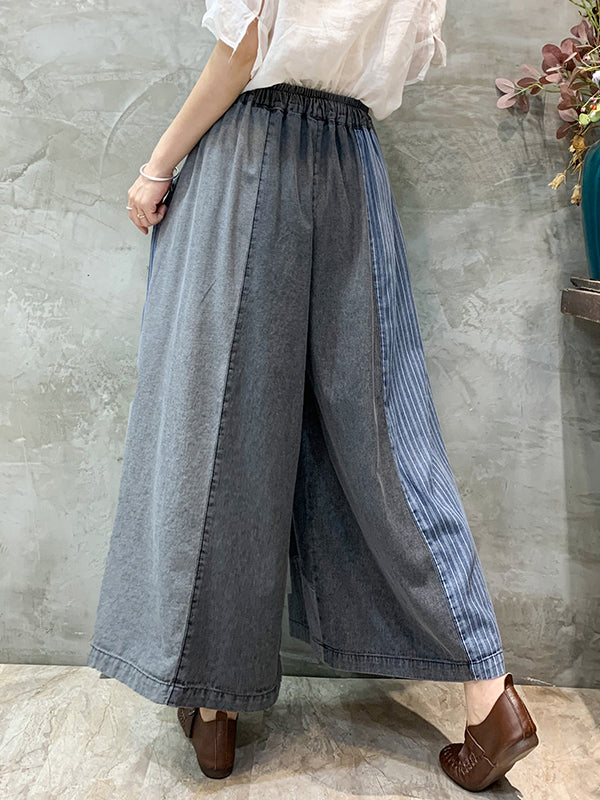 Loose  Drawstring Elasticity Plaid Split-Joint Ninth Jean Pants Bottoms