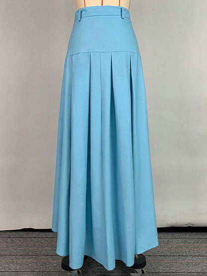 High Waisted High-Low Belted Pleated Solid Color Skirts Bottoms