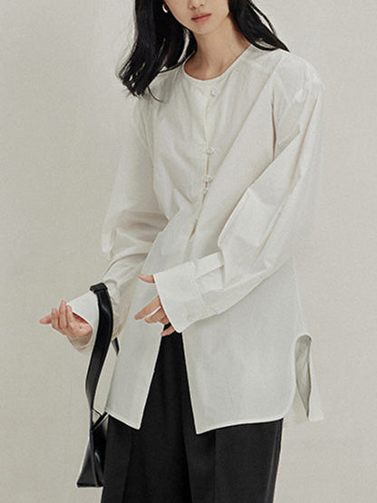 Long Sleeves Loose Buttoned Solid Color Tied Round-Neck Blouses&Shirts Tops