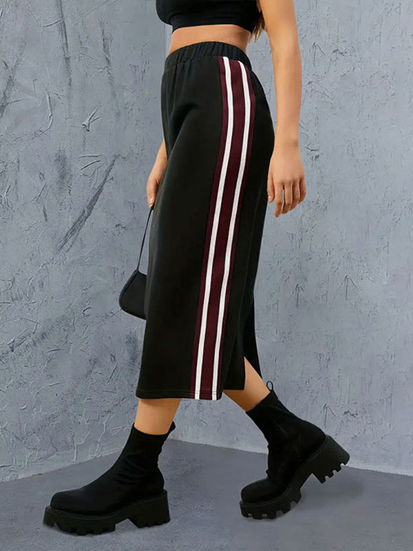 High Waisted Loose Contrast Color Elasticity Pleated Split-Back Split-Joint Striped Skirts Bottoms