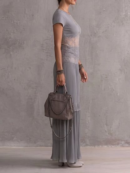 Solid Round-Neck Short Sleeves T-Shirts Tops + Pleated See-Through Split-Joint High Waisted Skirts Bottoms Two Pieces Set