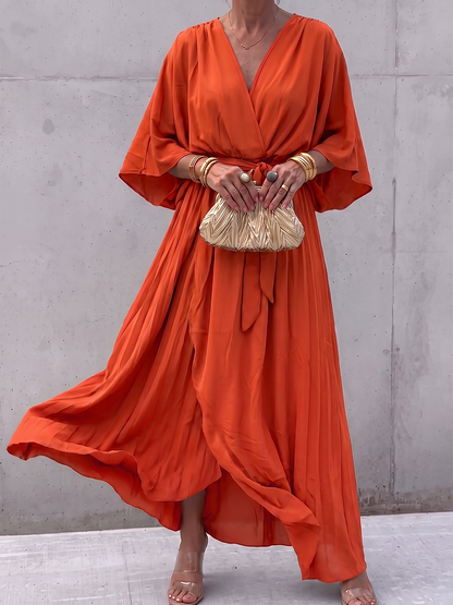 Tied Solid Color See-Through Pleated Asymmetric Plus Size Long Sleeves V-neck Maxi Dresses