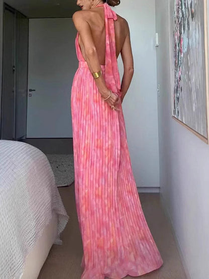 A-Line High Waisted Backless Pleated Printed Tied Deep V-Neck Maxi Dresses