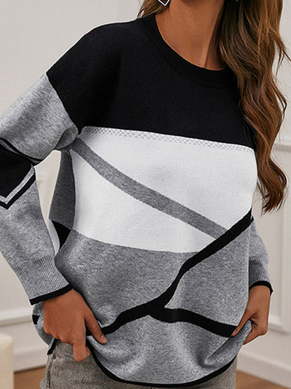 Long Sleeves Loose Contrast Color Printed Round-Neck Pullovers Sweater Tops