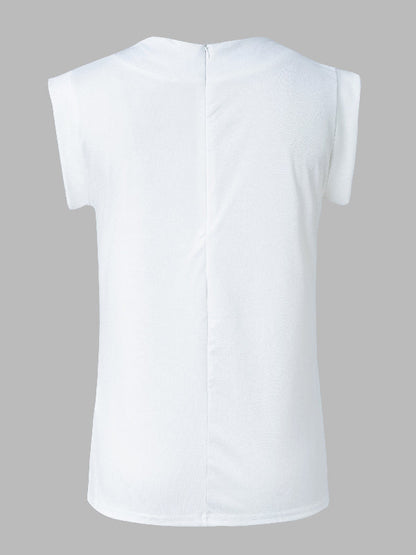 Cap Sleeve Loose Multi-Colored Printed High-Neck T-Shirts Tops
