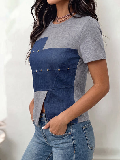 Split-Joint Contrast Color Short Sleeves Irregularity Round-neck T-Shirts Tops