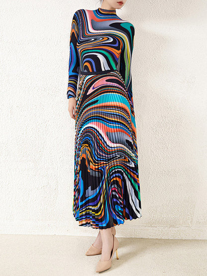 Long Sleeves Contrast Color Pleated Mock Neck T-Shirt Top + Printed A-Line Skirts Bottom Two Pieces Set