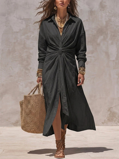 Solid Color Pockets Knot Long Sleeves Lapel Midi Dresses