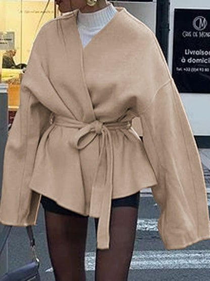 Long Sleeves Loose Solid Color Tied Waist V-Neck Outerwear