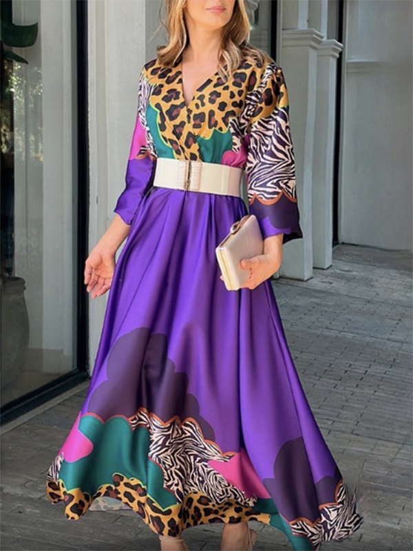 Long Sleeves Loose Leopard V-Neck Maxi Dresses