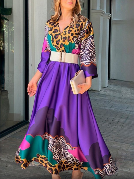 Long Sleeves Loose Leopard V-Neck Maxi Dresses