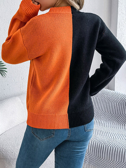 Long Sleeves Loose Contrast Color Split-Joint Round-Neck Pullovers Sweater Tops