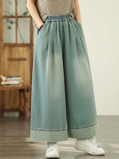 Loose Wide Leg Elasticity Pleated Pockets Jean Pants Bottoms Trousers
