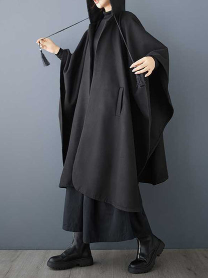 Batwing Sleeves Hooded Drawstring Pockets Split-Joint Tasseled Zipper Cape Outerwear Trench Coats