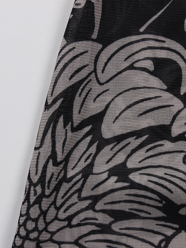 Long Sleeves Skinny Printed See-Through Split-Joint High Neck Evening Dresses Maxi Dresses