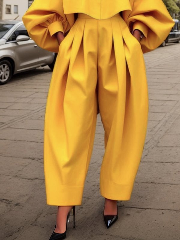 High-Low Loose Pleated Pockets Solid Color Pants Trousers