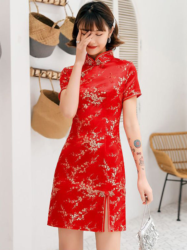 Plum Blossom Print Stand Collar Short Cheongsam