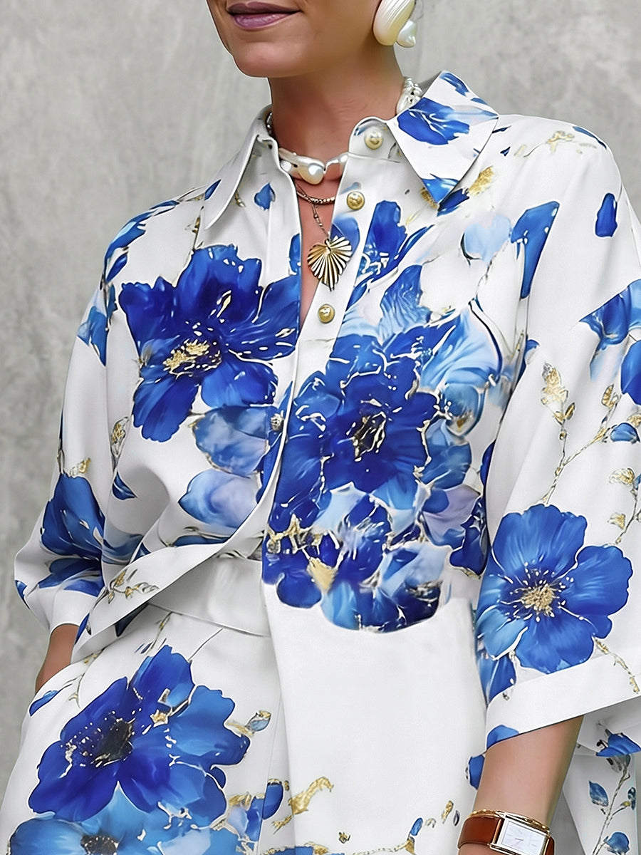 Loose Short Sleeves Buttoned Flower Print Lapel Blouses&Shirts Tops