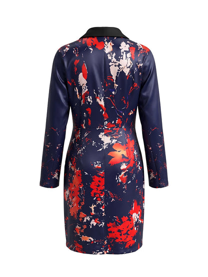 Bodycon Elasticated Waist Contrast Color Flower Print Split-Joint Lapel Midi Dresses