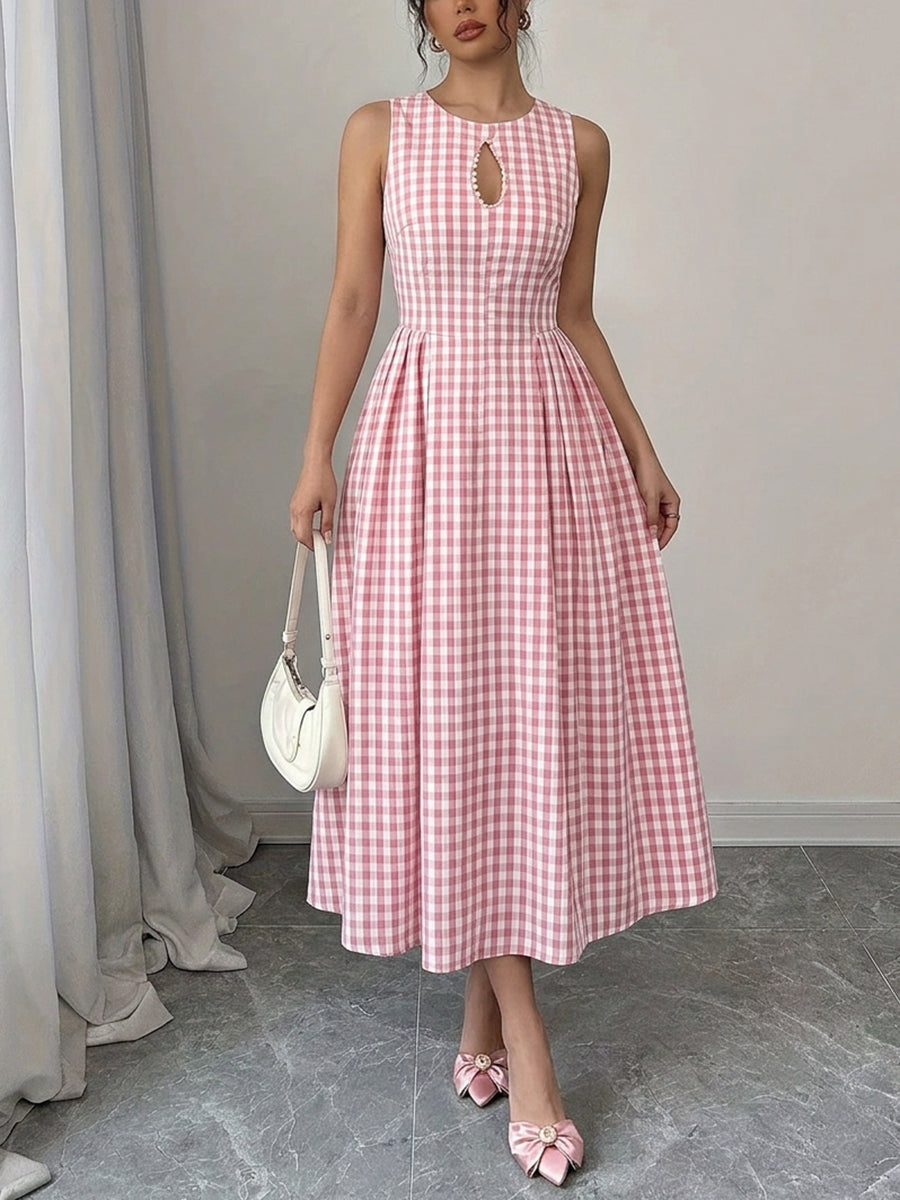 Zipper Split-Joint Plain Hollow Contrast Color Sleeveless High Waisted Round-neck Maxi Dresses