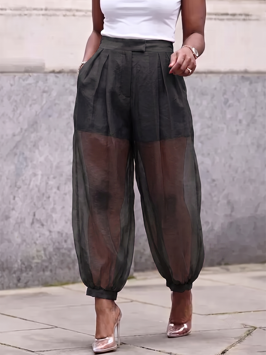 Split-Joint Solid Color Pockets Pleated Buttoned High Waisted Trousers Pants